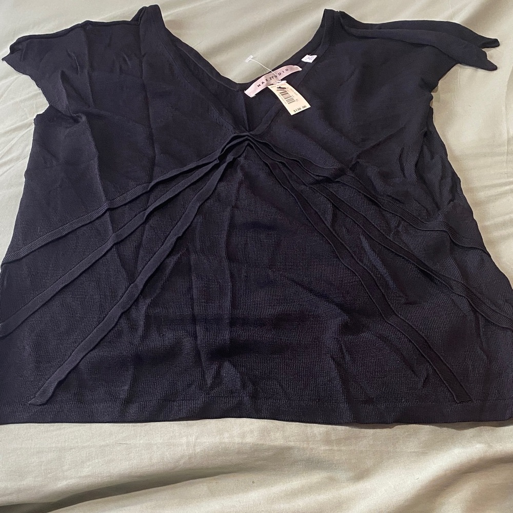 Max Studio Black Knot-Front Short Sleeve Blouse